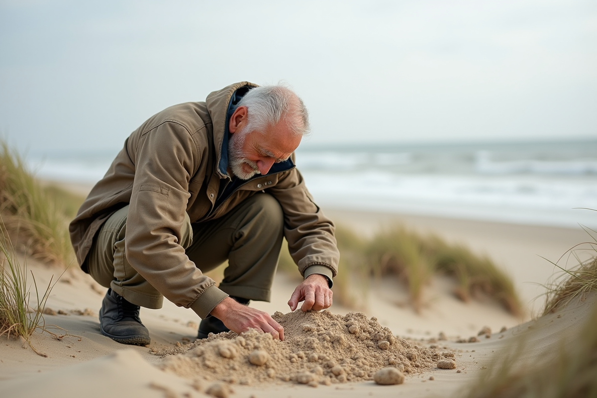 Homme âgé sifting du sable sur la plage