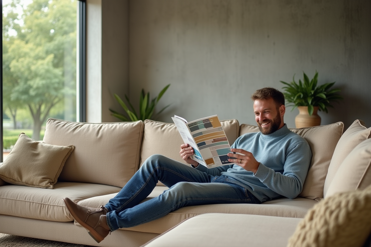 Homme détendu feuilletant une palette de couleurs dans un salon