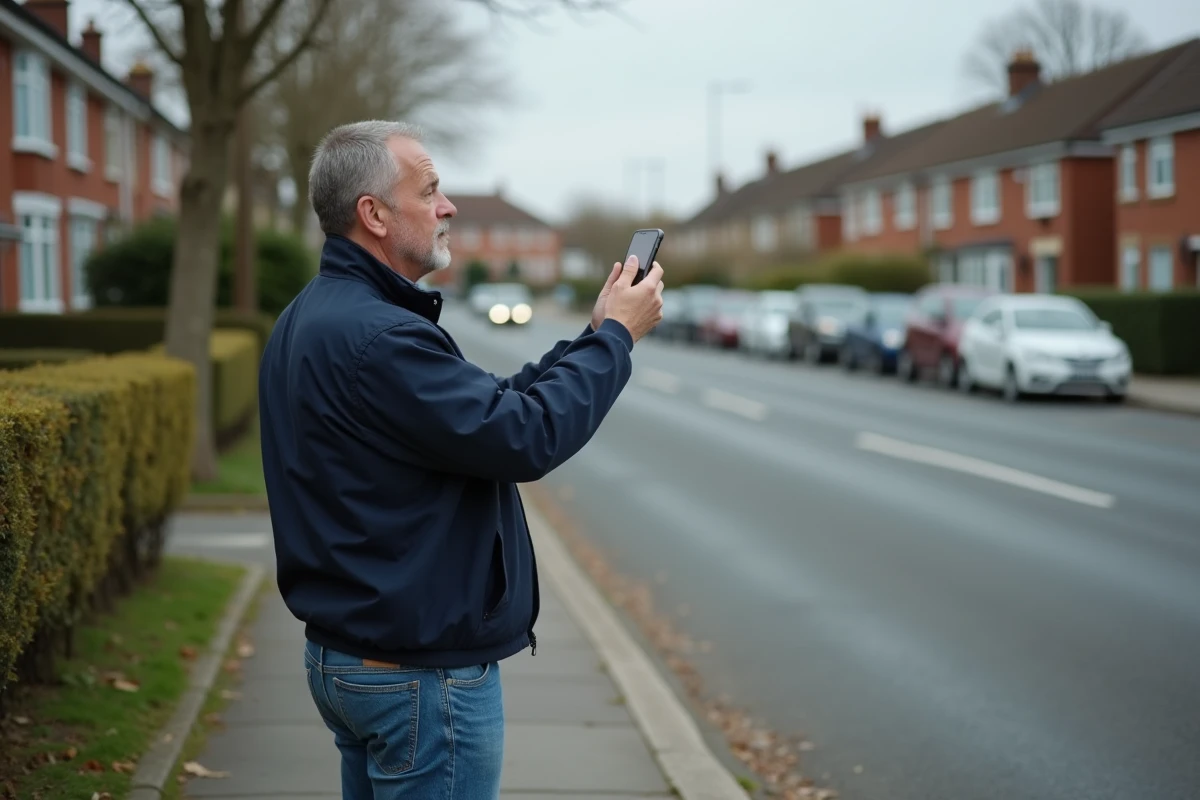 Homme d'âge moyen avec smartphone dans une rue résidentielle