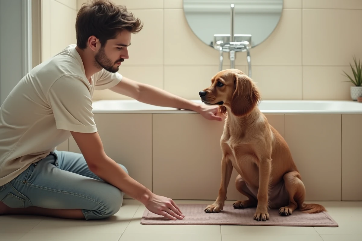 Jeune homme avec un petit chien dans la baignoire