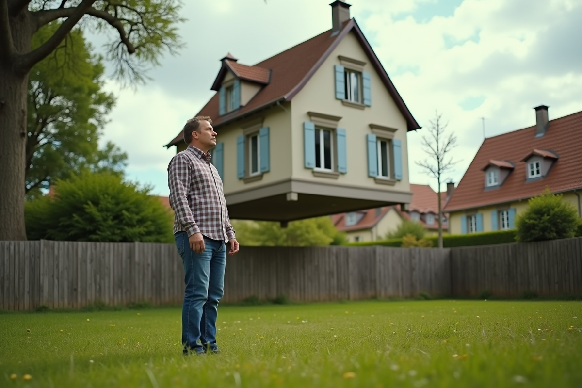 Homme surpris dans un jardin avec cottage flottant derrière