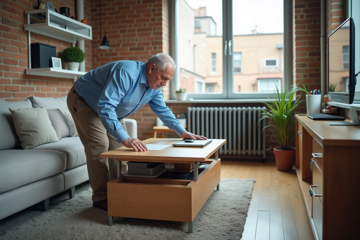 Homme âgé utilisant une table multifonction dans un appartement urbain