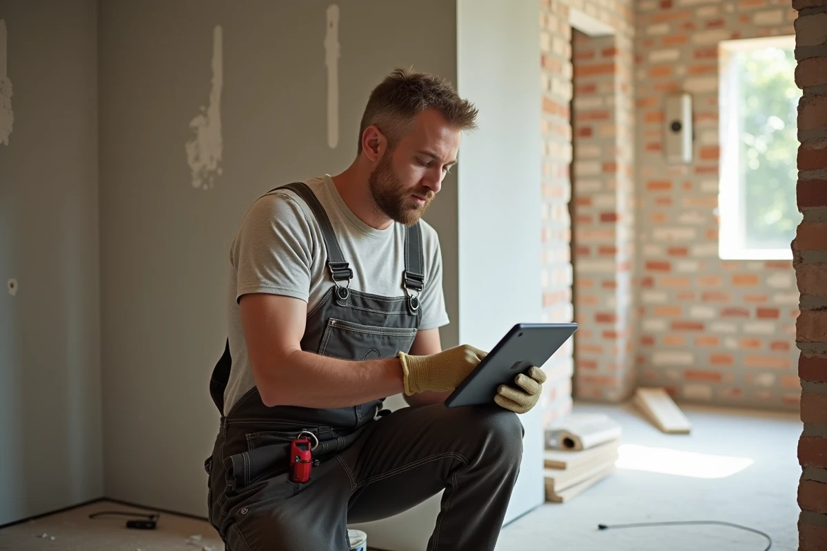 Homme en overalls examinant un mur en renovation avec une tablette