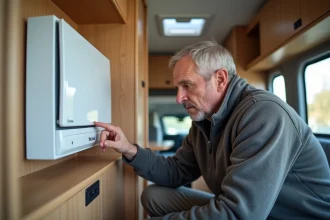 Homme examinant le panneau de commande d'un chauffage Truma Combi 4 dans un camping-car, voyant LED clignotant visible