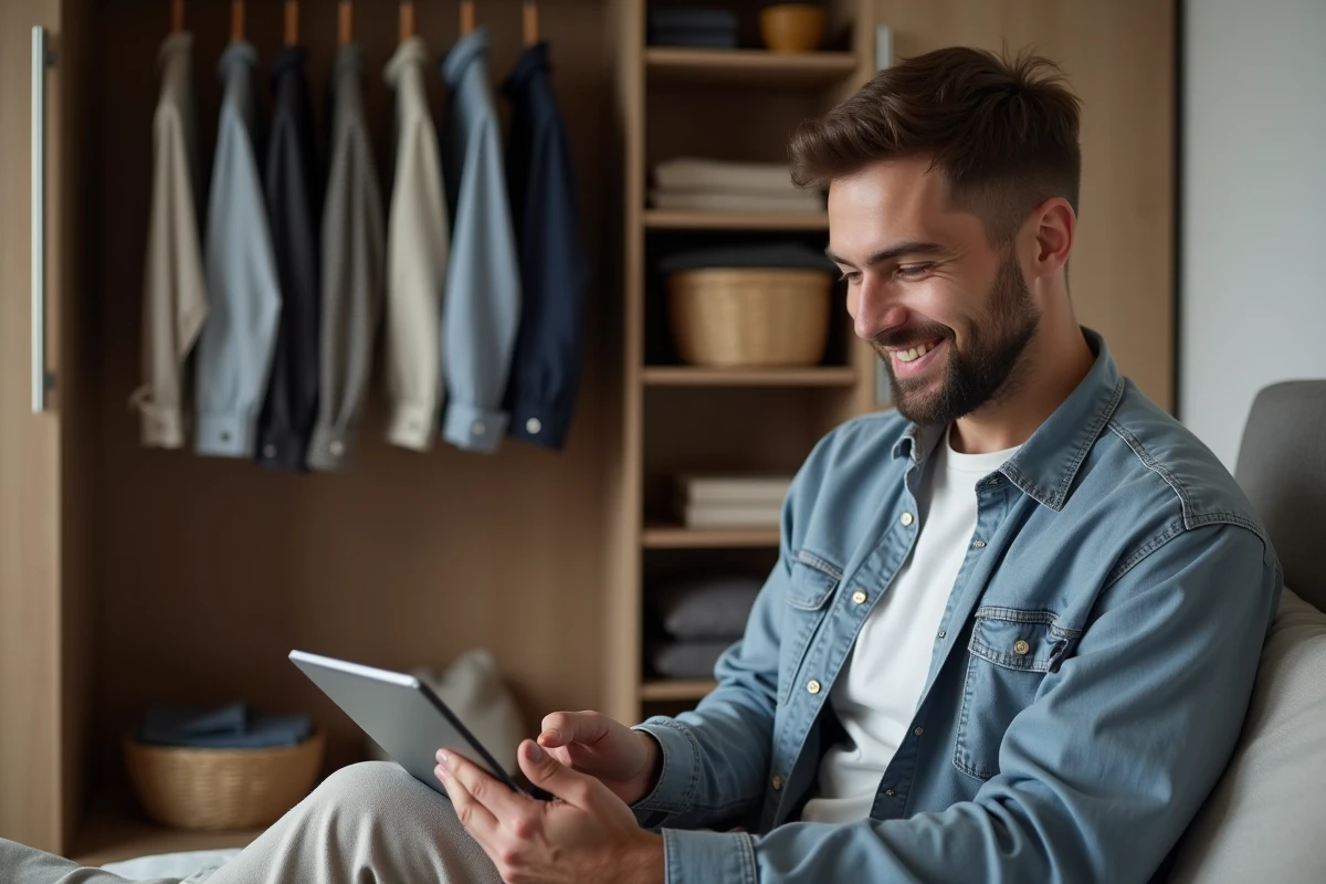 Homme souriant consulte une application de dressing sur sa tablette dans la chambre