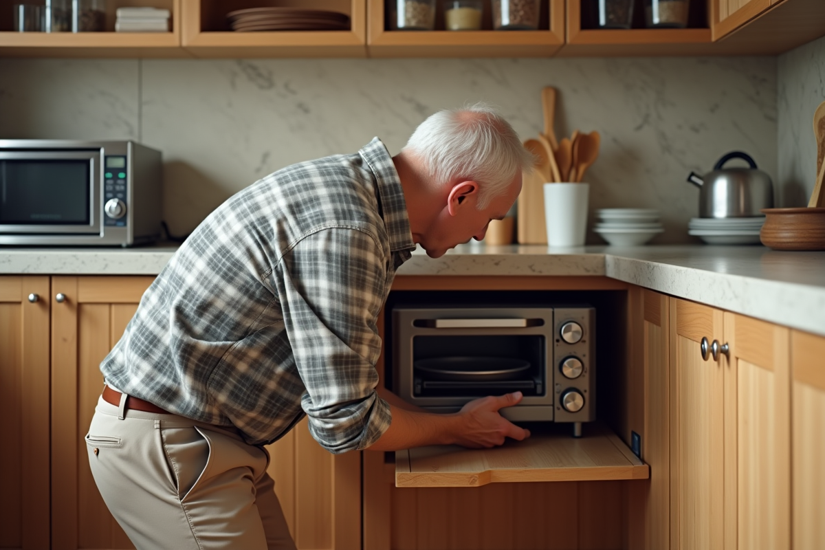 Homme âgé vérifiant un mini four dans la cuisine