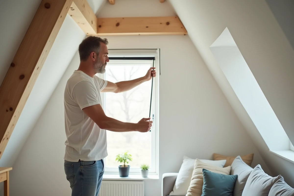 Homme d'âge moyen abaissant un volet dans une chambre mansardée