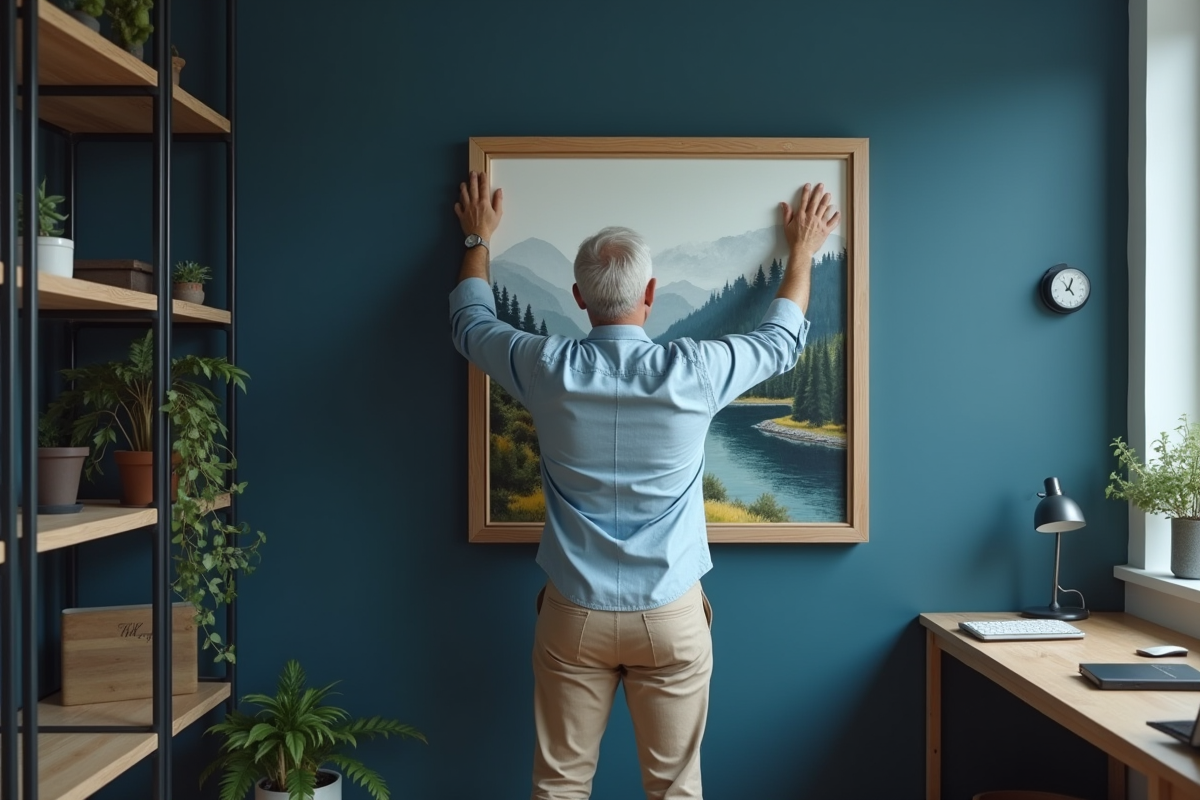 Homme accrochant une peinture impressionniste dans un bureau moderne