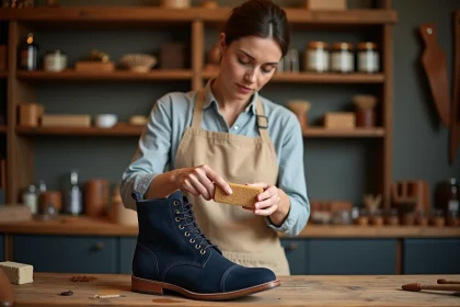 Femme appliquant une légère humidité sur une botte en cuir nubuck marine avant l'utilisation d'une gomme, dans un atelier de maroquinerie artisanal