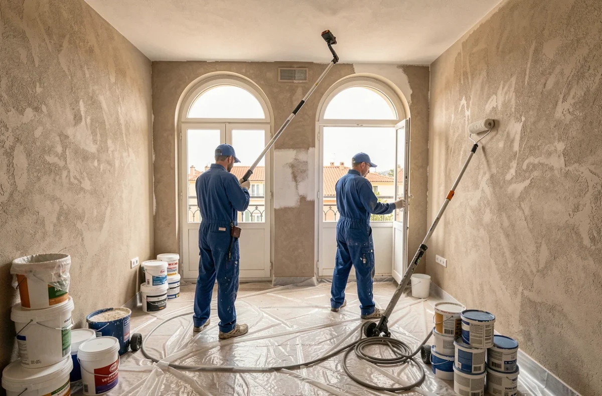 Équipe de rénovation complète Inca SARL travaillant dans un appartement à Nice avec vue sur les toits de la ville