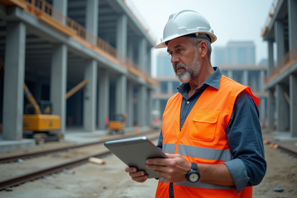 Ingénieur en construction avec tablette sur site