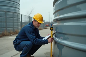 Ingénieur mesurant un réservoir industriel avec un mètre ruban pour calculer le volume en mètres cubes