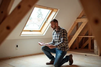 Homme moyenâgeux inspectant une fenêtre de toit dans un grenier