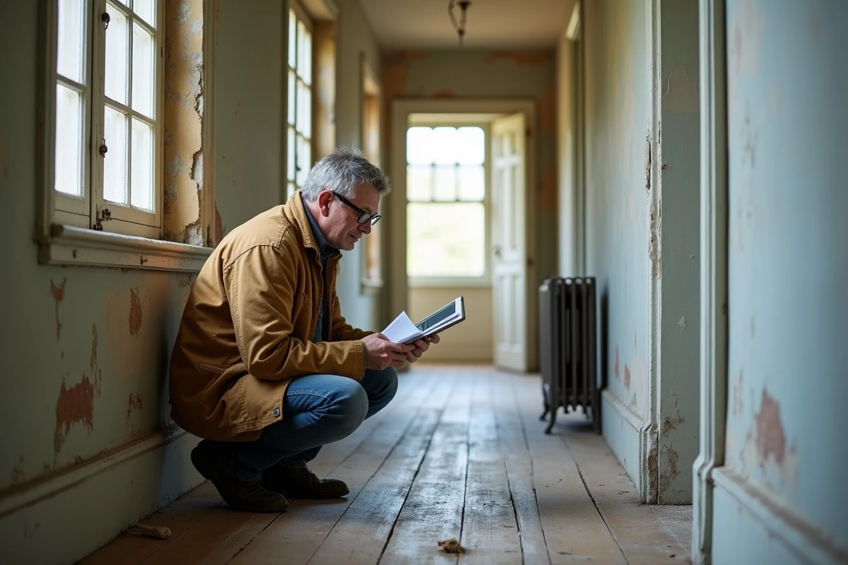 Homme inspectant un mur en plâtre ancien avec une checklist de rénovation tirée d'un site d'informations pour maisons anciennes