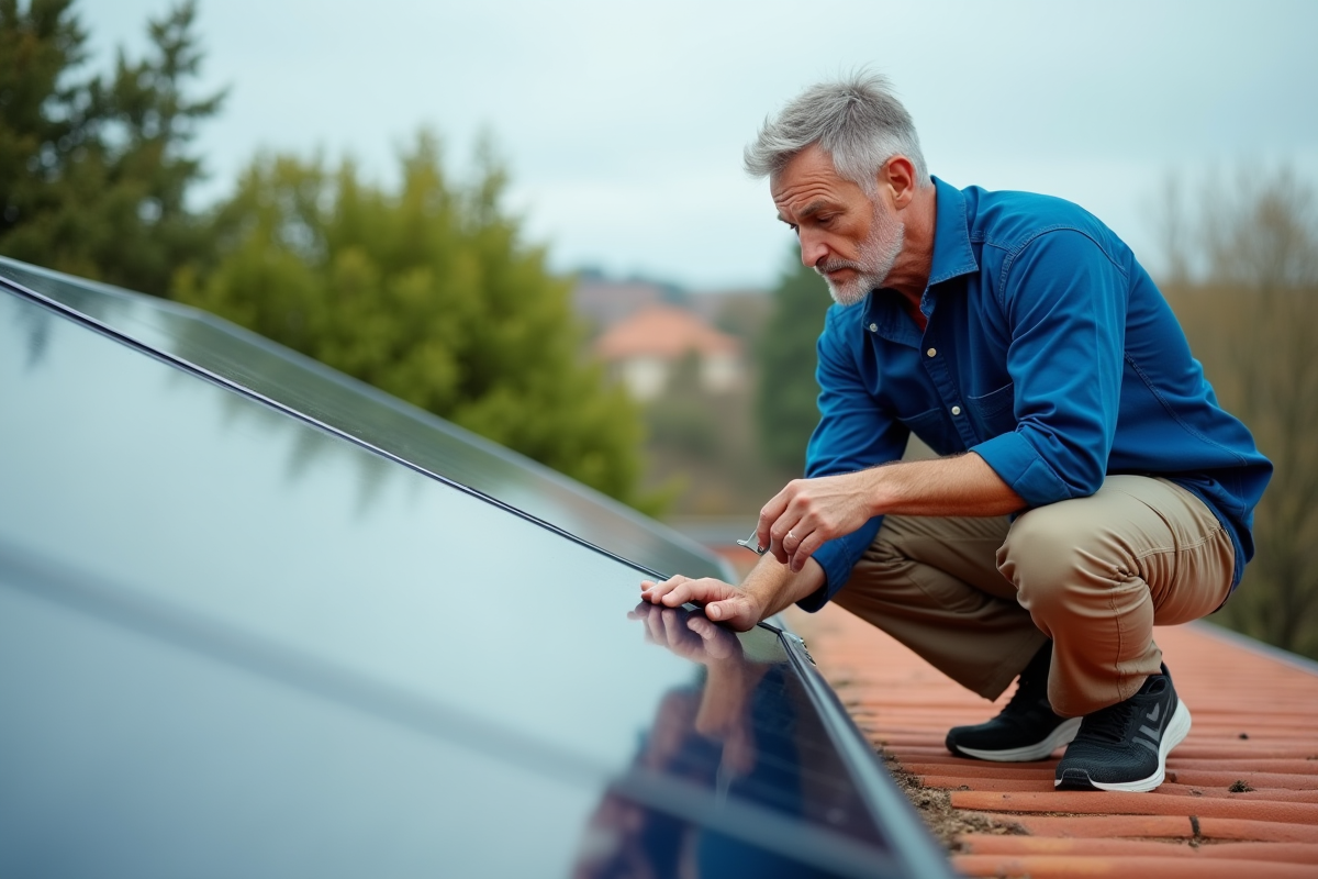 Homme inspectant un panneau solaire thermique sur un toit résidentiel