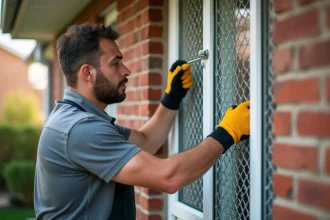 Installateur posant un grillage de protection en acier inoxydable sur une fenêtre en bois de maison individuelle