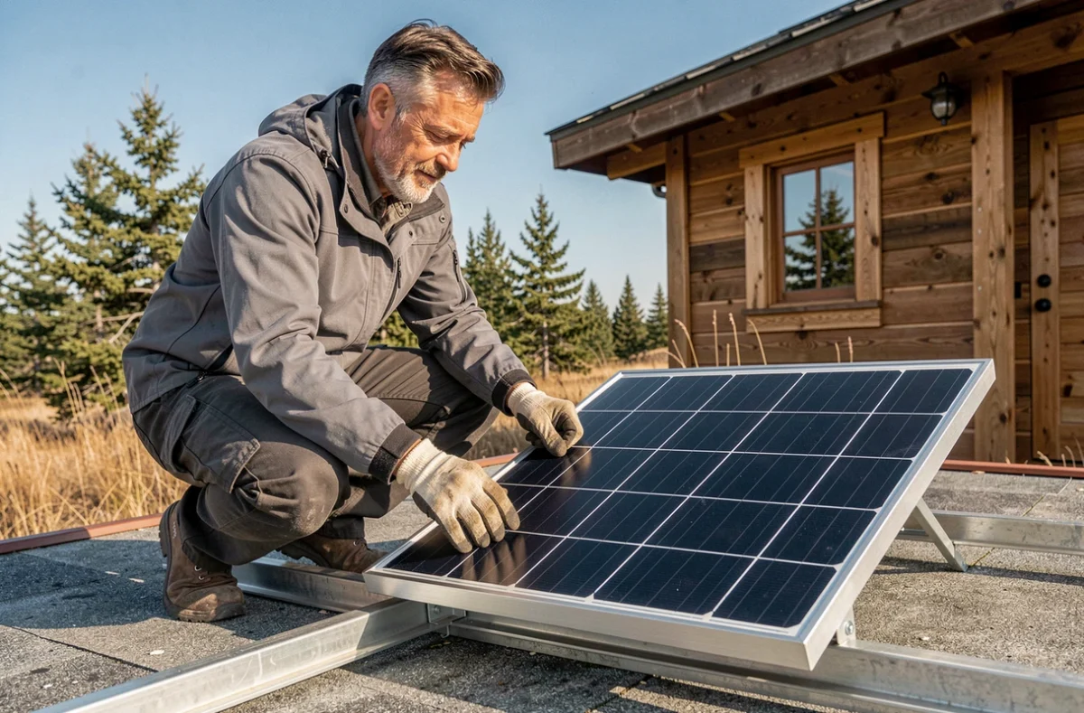 Homme installant un panneau solaire 12V sur le toit d'un chalet autonome en milieu rural