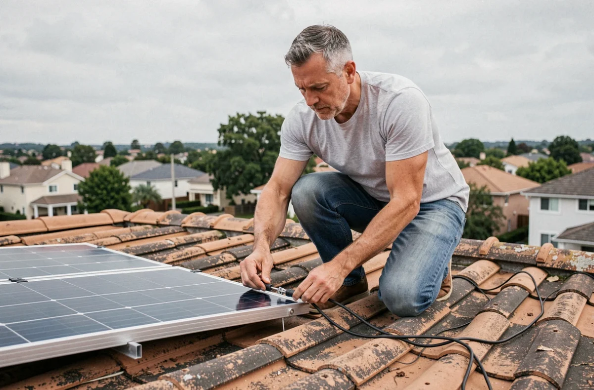 Homme installant un panneau solaire Beem sur le toit d'une maison individuelle