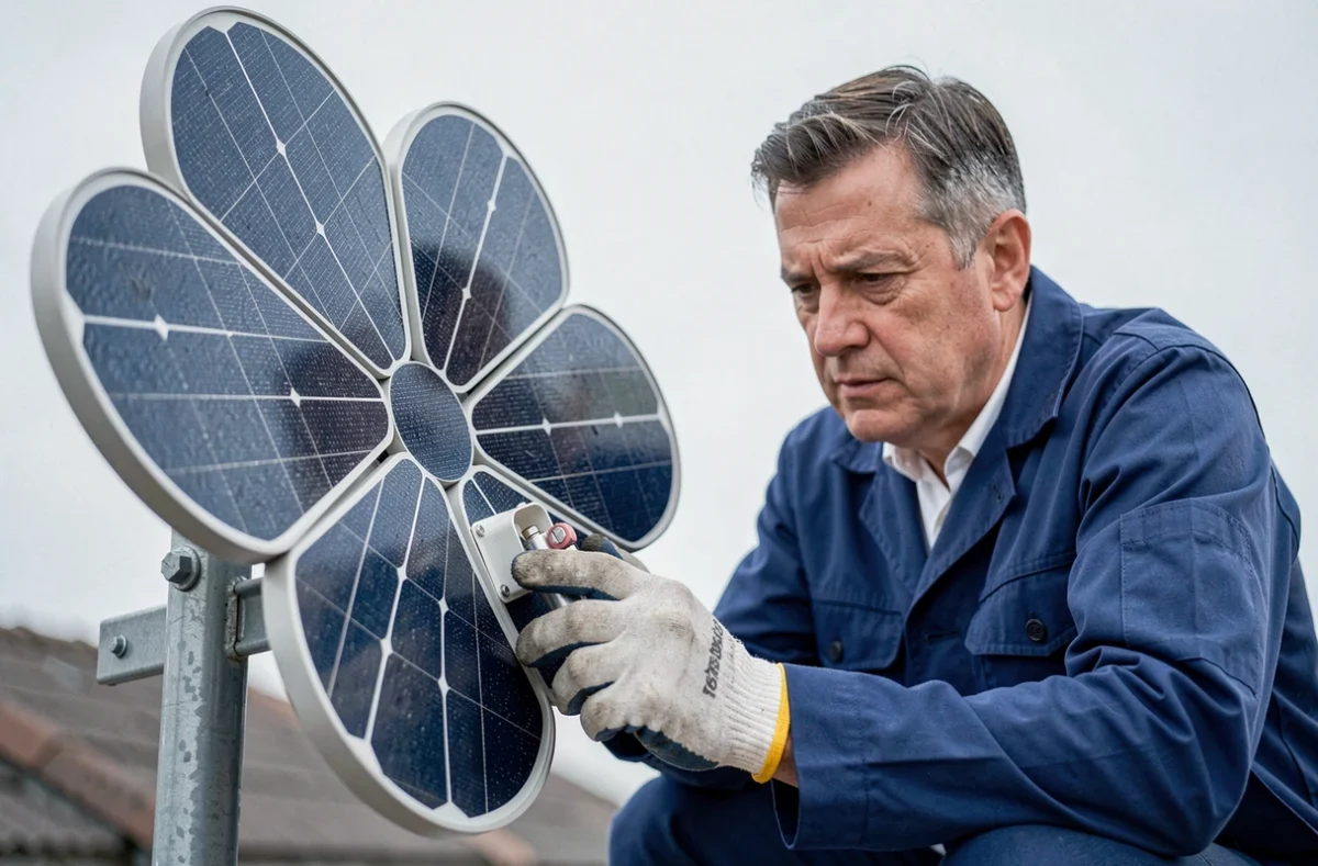 Technicien installant un panneau solaire fleur compact sur un toit, vue en détail du module photovoltaïque