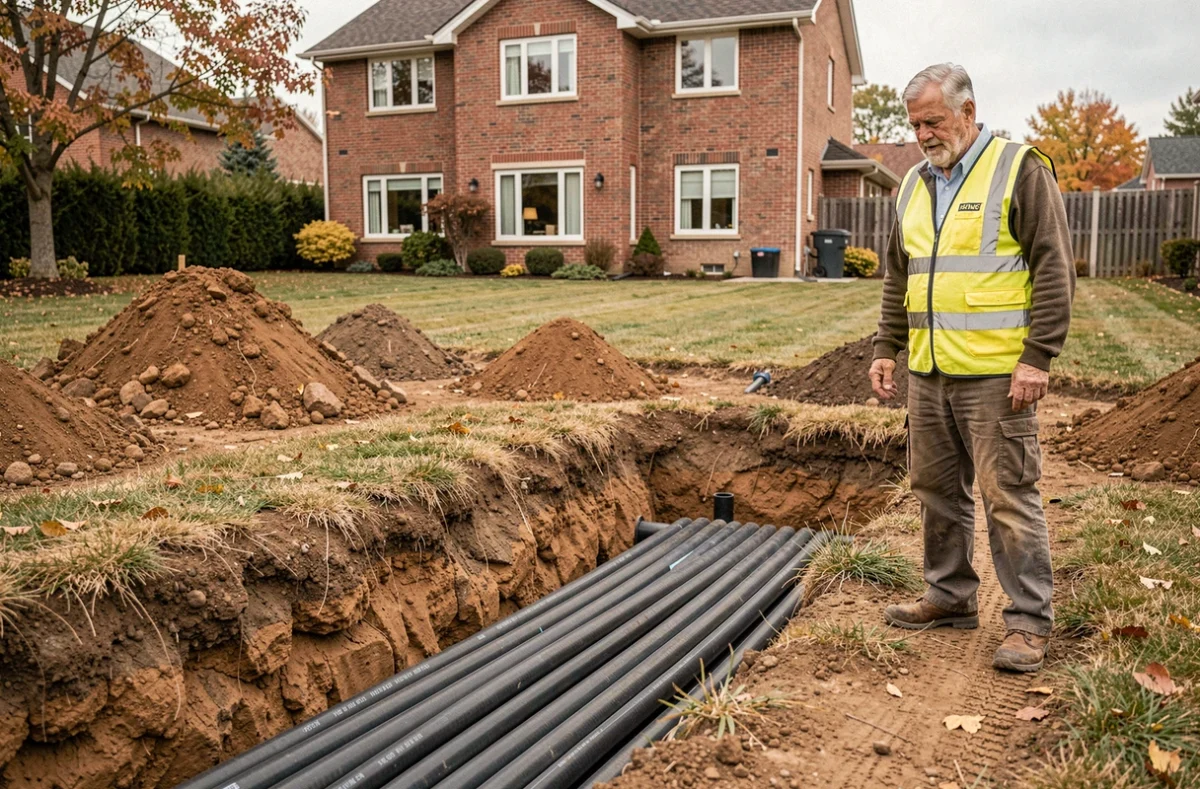 Installation d'une pompe à chaleur géothermique avec tuyaux de captage enterrés dans un jardin résidentiel