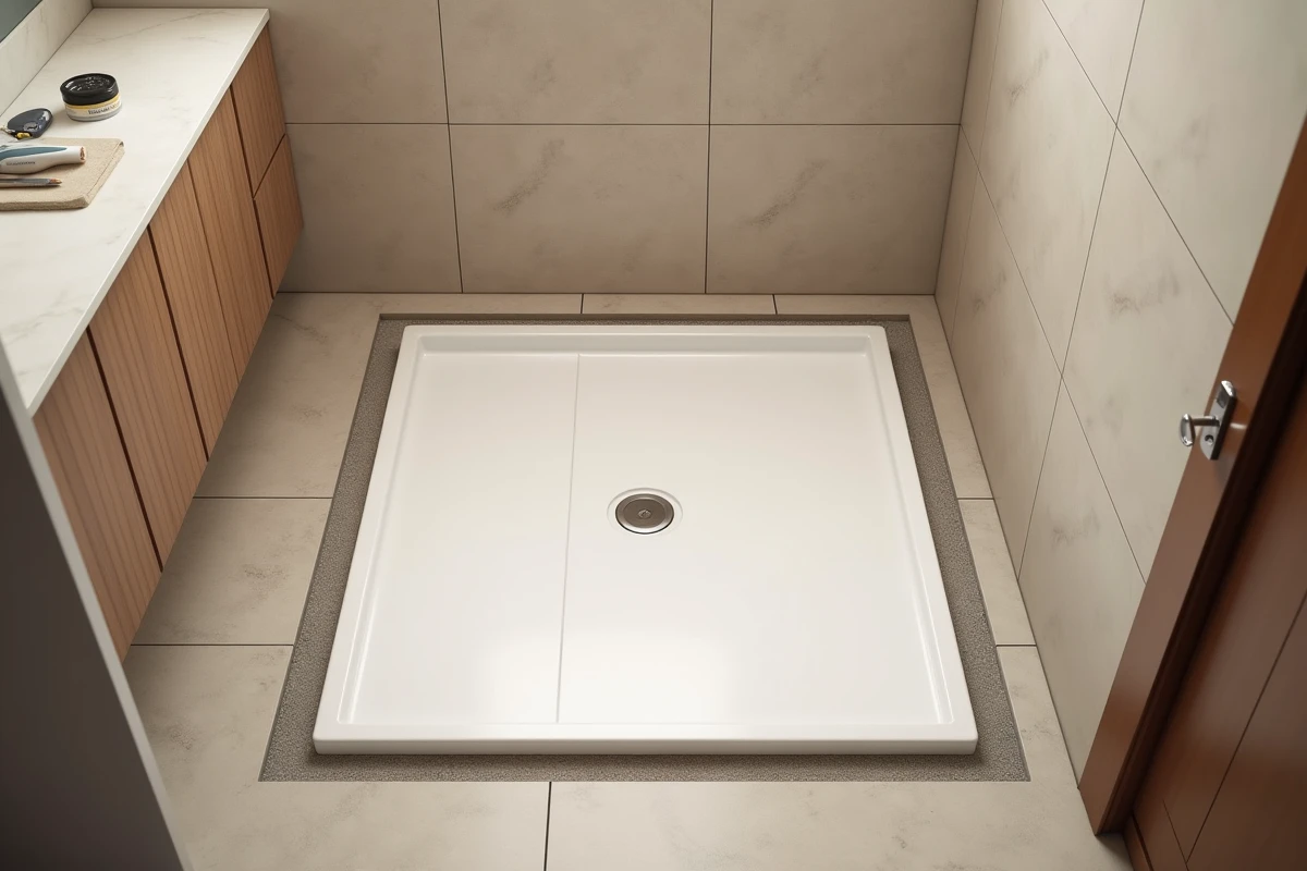 Vue d'ensemble d'une salle de bain en rénovation avec un receveur de douche extra plat nouvellement posé sur lit de mortier et carrelage beige autour