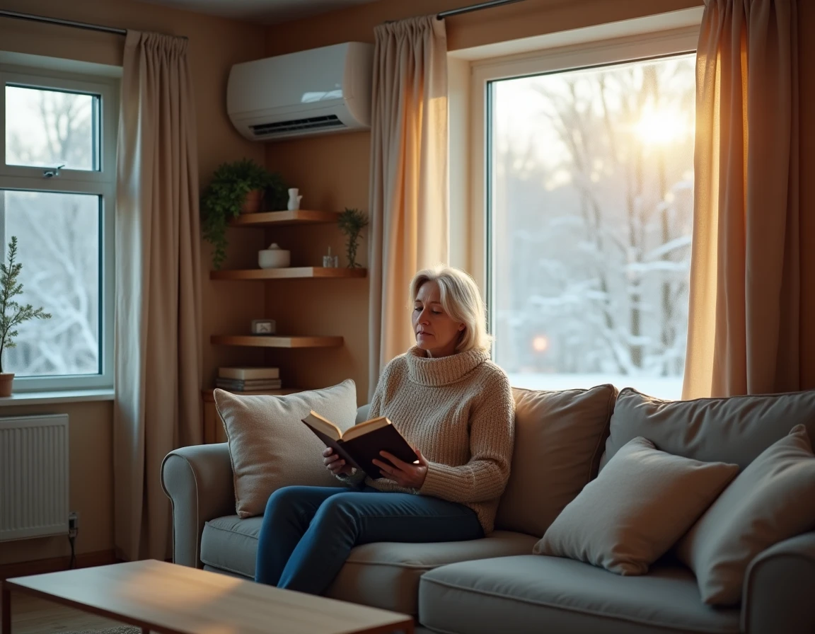 Femme confortablement installée dans un salon bien isolé chauffé par une pompe à chaleur en hiver