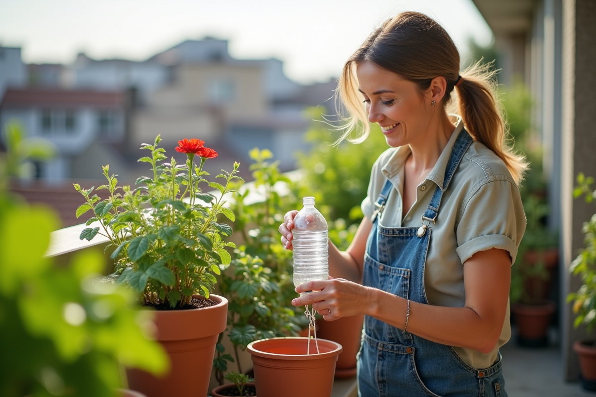 Femme d'âge moyen assemble un système d'arrosage DIY sur un balcon ensoleillé
