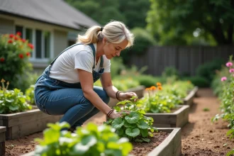 Femme moyenne âge examine des fleurs fanées dans son jardin