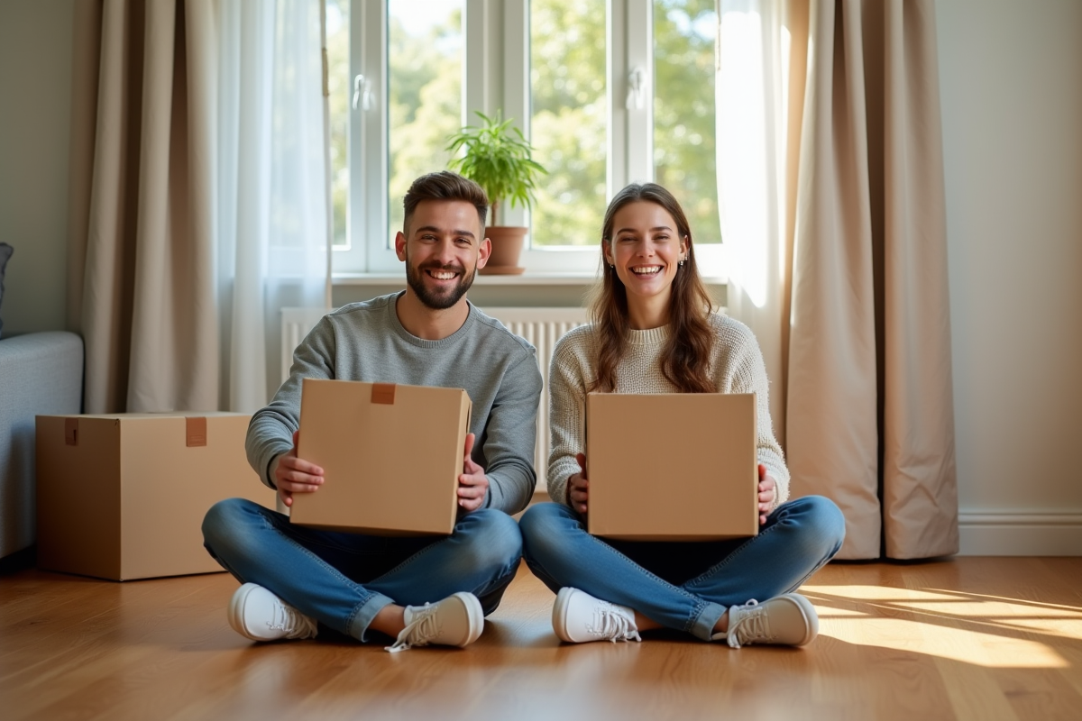 Jeune couple heureux déballant des cartons dans leur nouveau logement