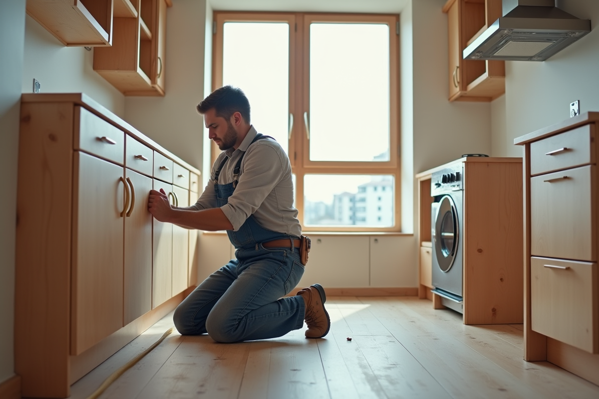 Jeune entrepreneur mesurant un meuble de cuisine en renovation