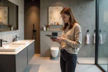 Jeune femme en smartcasual dans un showroom de salle de bain