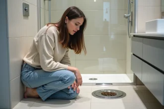 Jeune femme surprise observant des mouches des drains dans la salle de bain