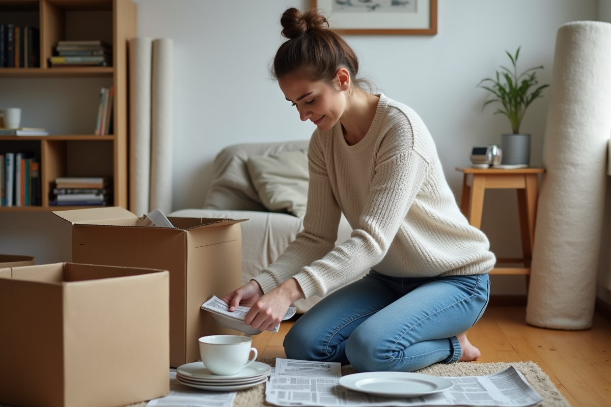 Jeune femme emballant de la vaisselle lors d'un déménagement