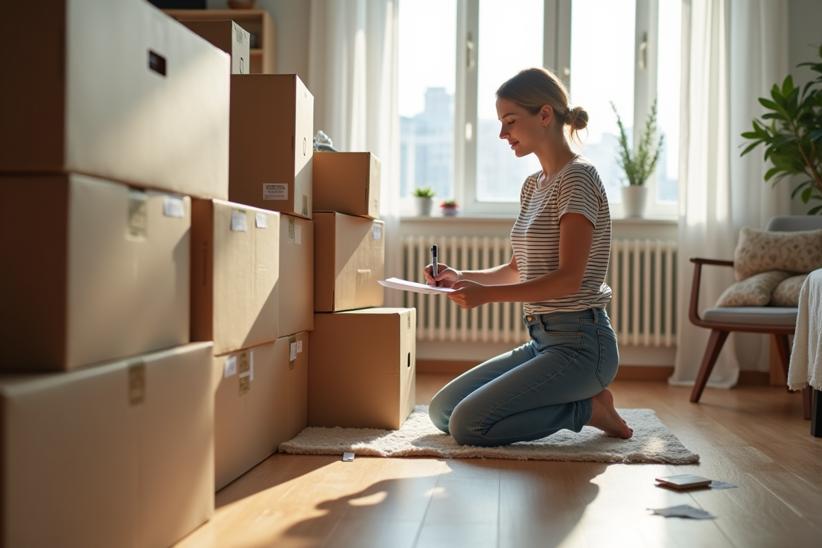 Jeune femme en jeans et tshirt à rayures préparant ses cartons