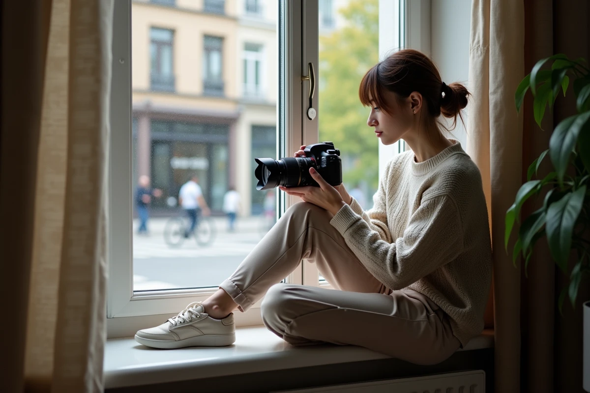 Jeune femme filmant la rue depuis sa fenêtre intérieure