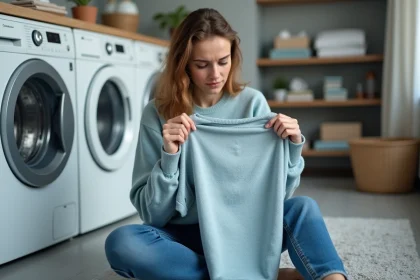 Jeune femme examine une étiquette de lavage délavée