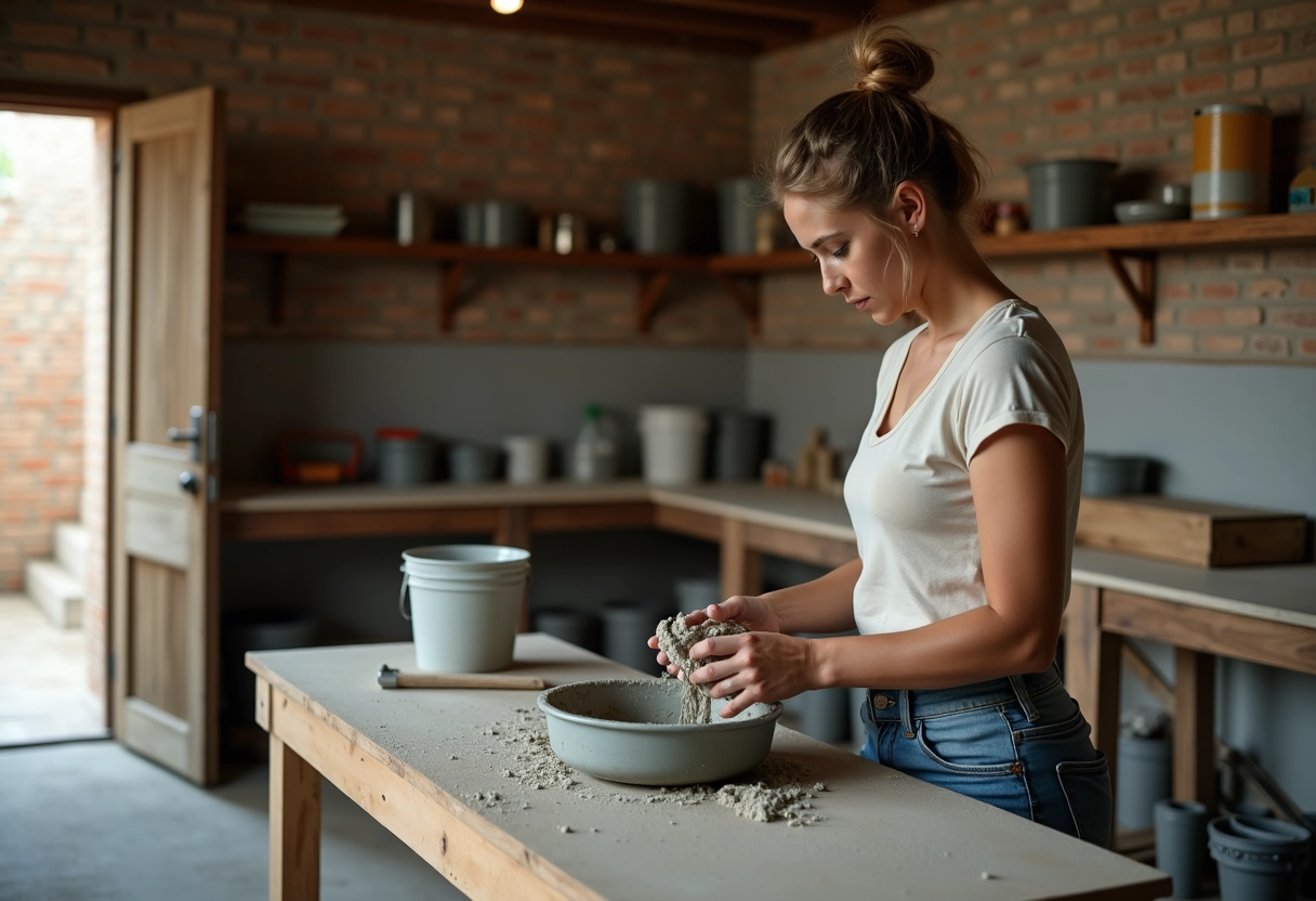 Jeune femme mélangeant du mortier dans un bol en atelier