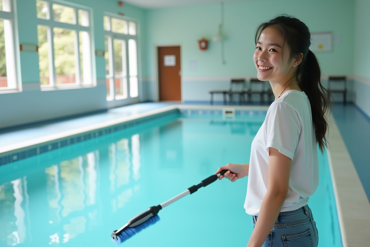 Jeune femme nettoyant la piscine intérieure avec une brosse