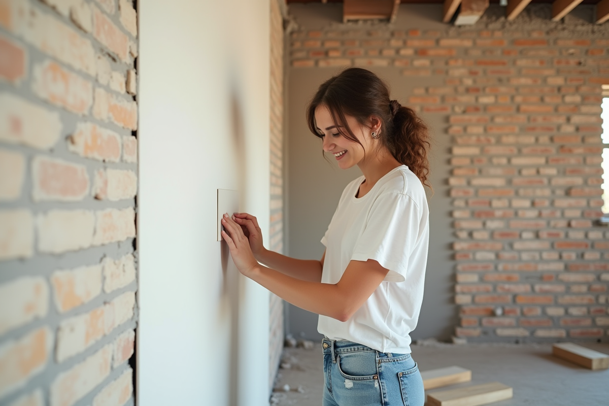 Jeune femme souriante lissant un joint entre plaques de platre