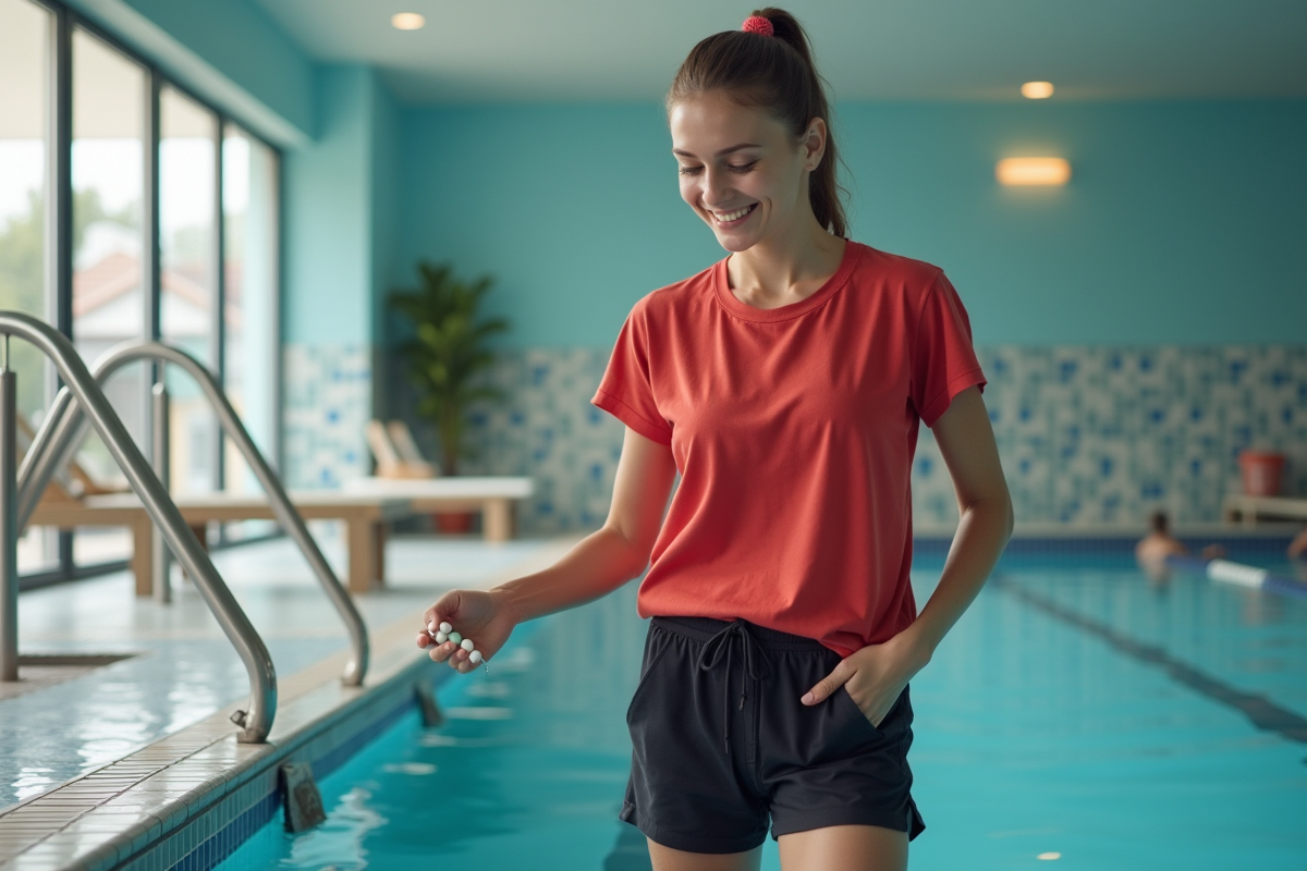 Jeune femme ajoutant des pastilles de traitement dans une piscine intérieure