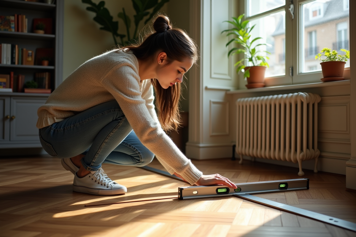 Jeune femme vérifiant la planéité d’un parquet ancien avec un niveau