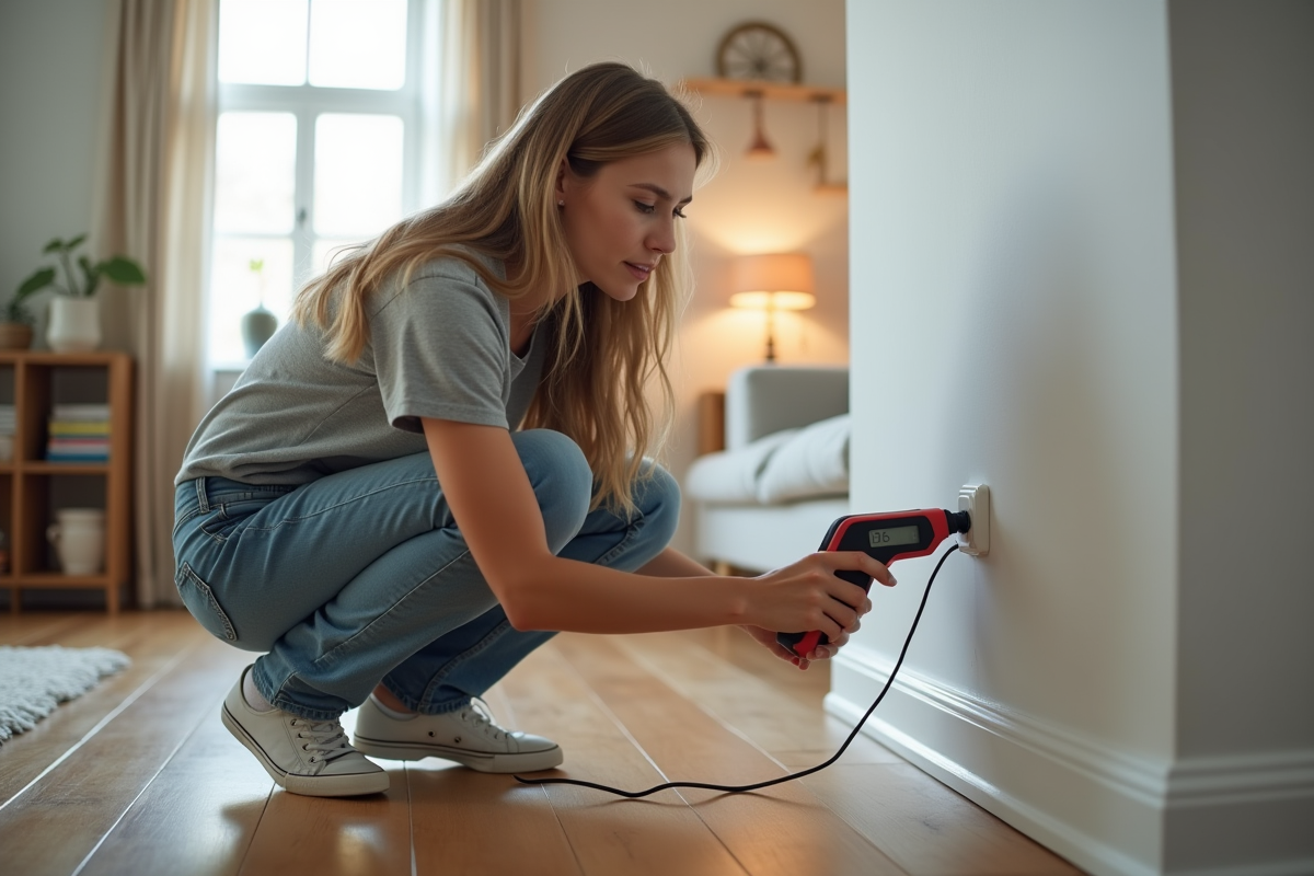 Jeune femme utilisant un testeur de tension près d