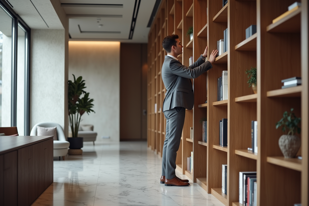 Jeune homme arrangeant des livres dans un bureau élégant
