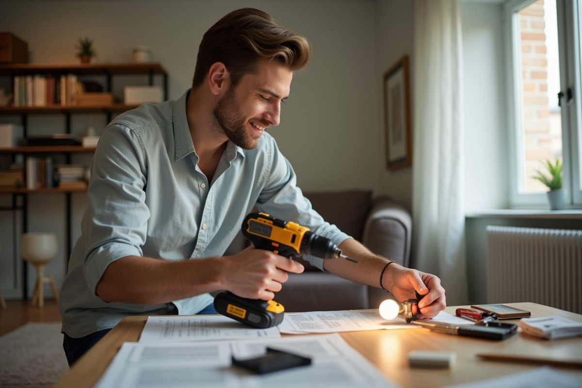 Jeune homme assemblant une lampe avec perceuse dans un salon