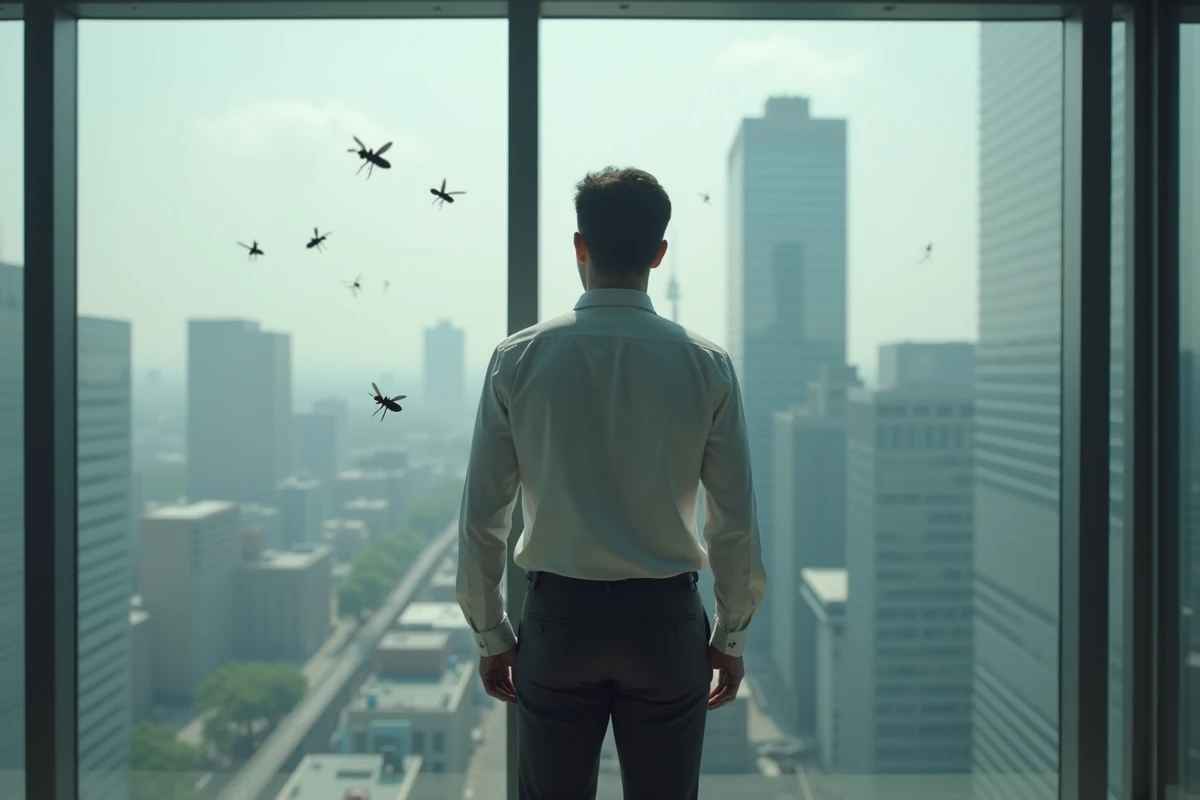 Jeune homme regardant par la fen&ecirc;tre avec des mouches dans un bureau moderne