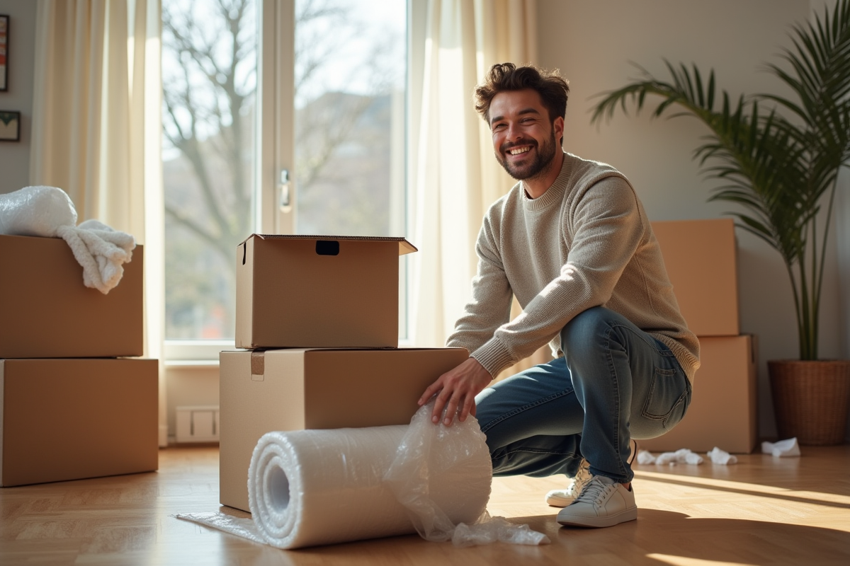 Jeune homme souriant déballant du bubble wrap dans un salon lumineux