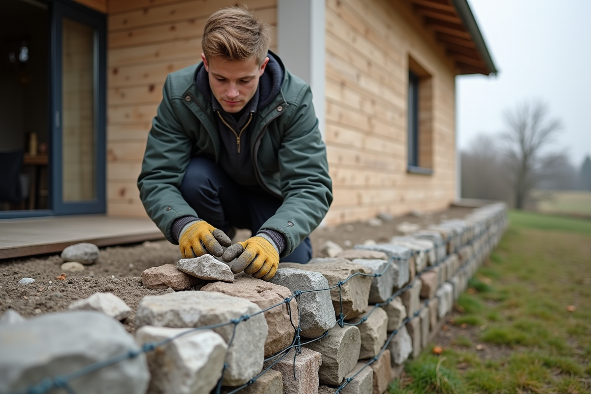 Jeune homme posant des gabions en pierre devant une maison bioclimatique