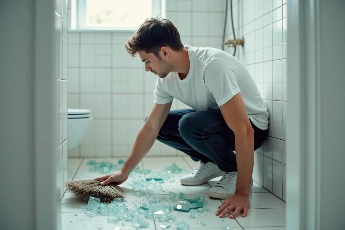 Jeune homme nettoyant des morceaux de miroir brisé dans la salle de bain