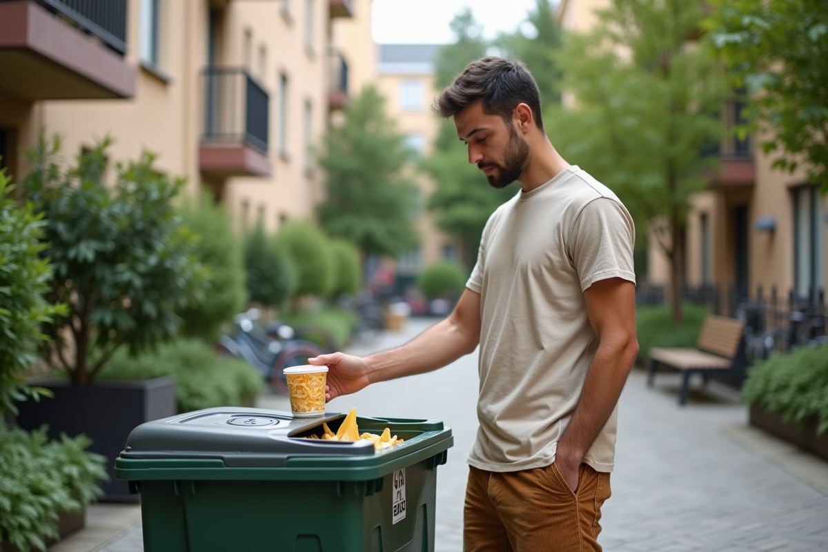 Jeune homme déposant du fromage dans une poubelle de recyclage extérieur