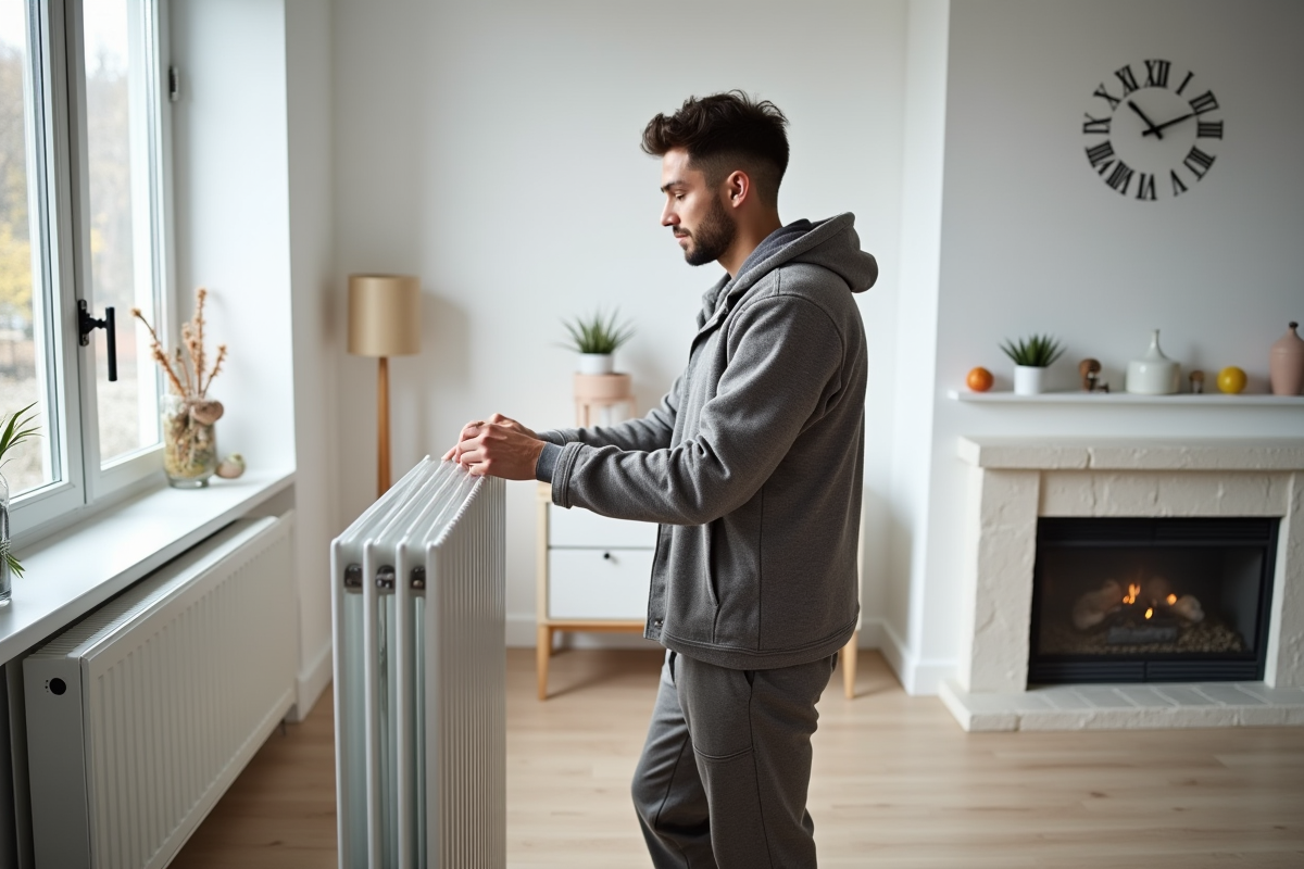 Jeune homme ajustant le thermostat dans un salon scandinave